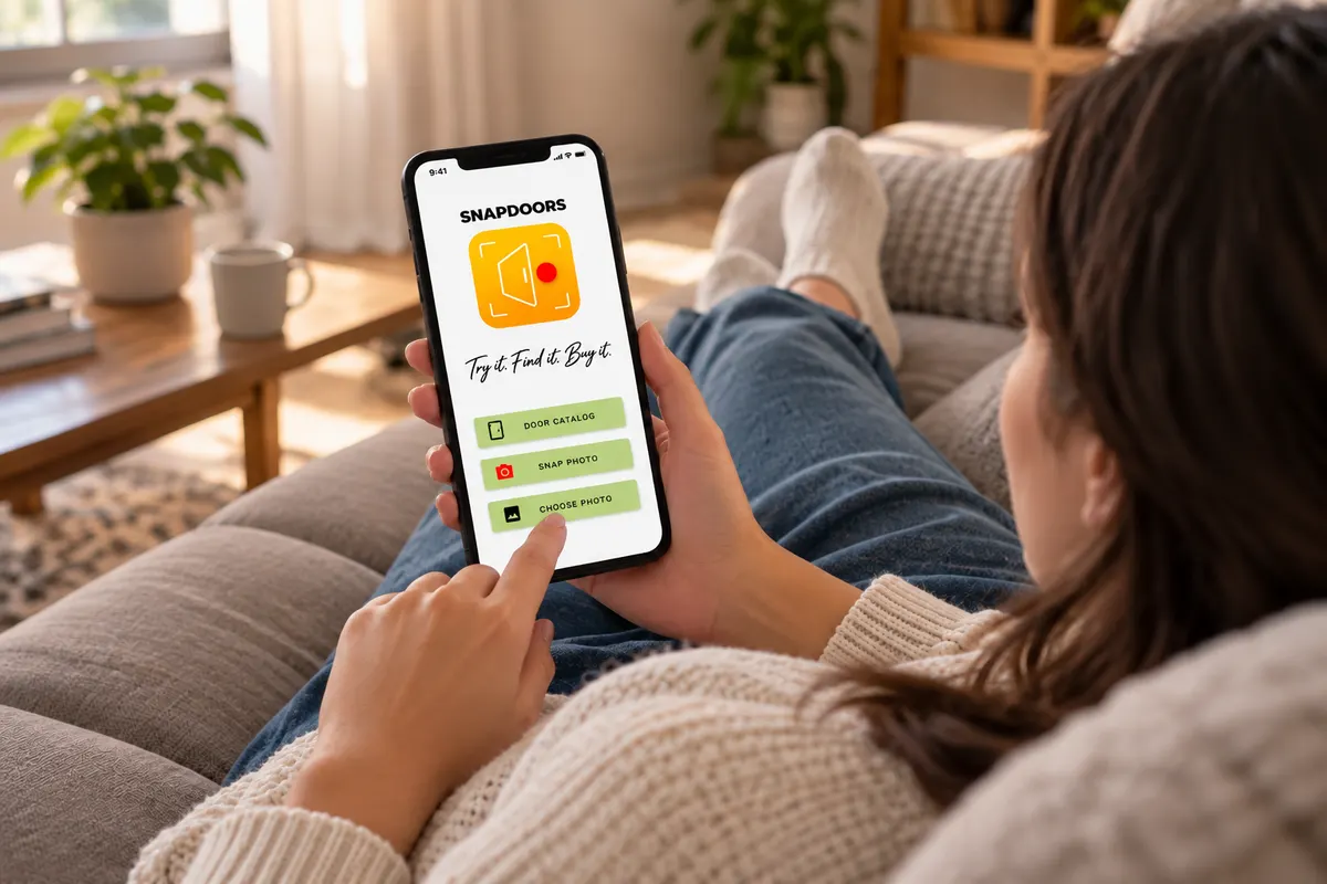 Женщина отдыхает на диване и примеряет дверь в приложении SnapDoors Женщина отдыхает на диване и примеряет дверь в приложении SnapDoors